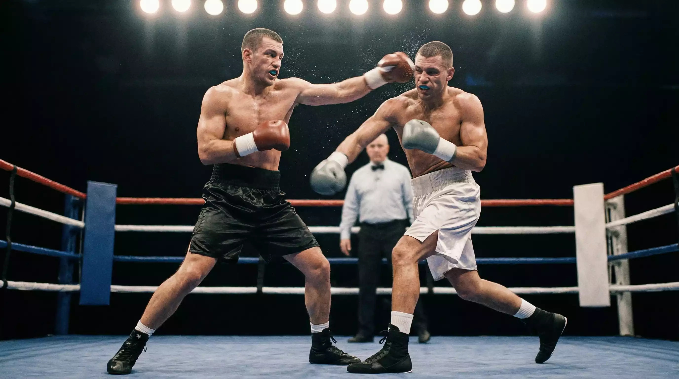 Dos boxeadores intercambiando golpes en un combate de campeonato a doce asaltos