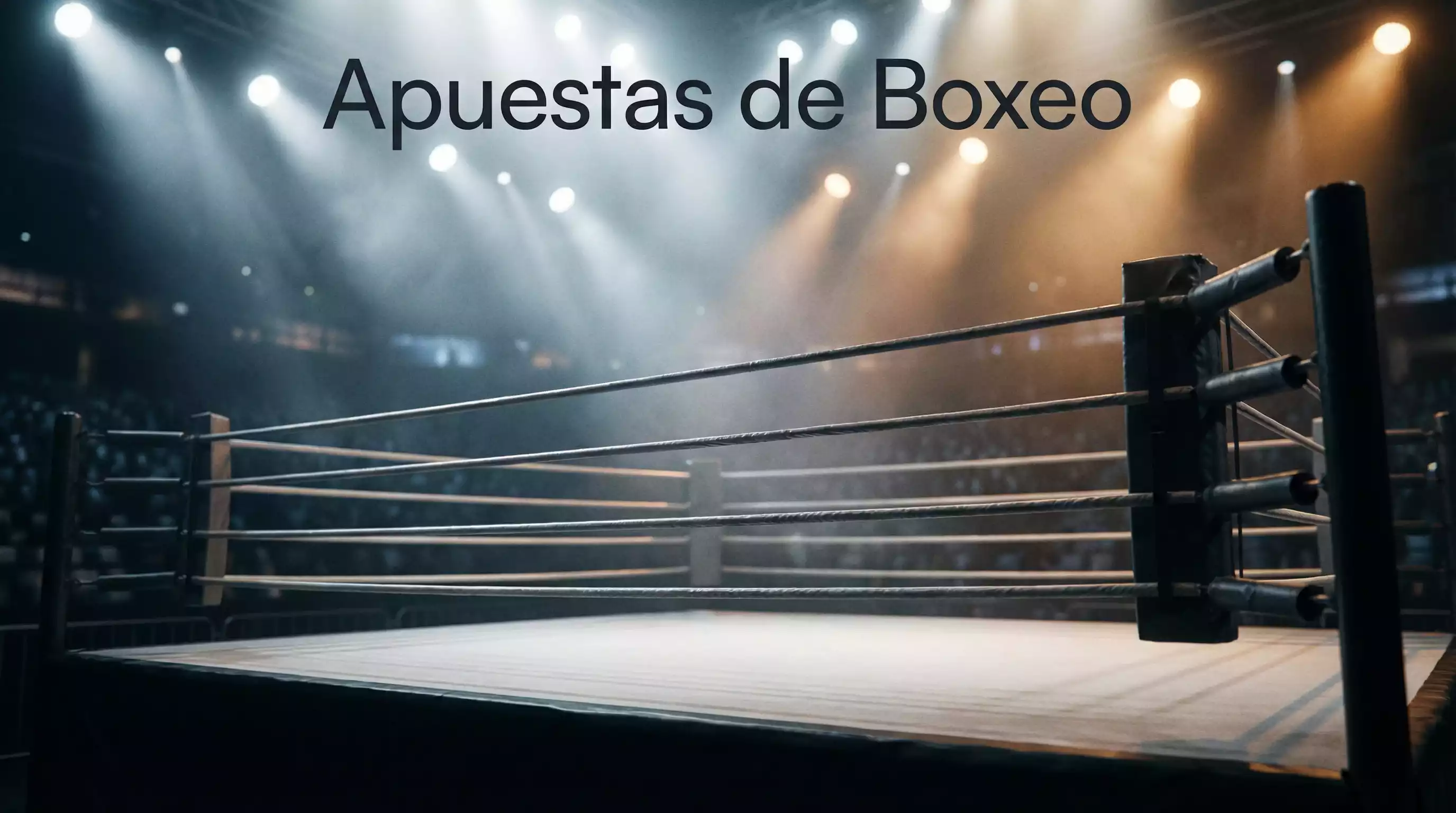 Ring de boxeo profesional iluminado antes de un combate por el título mundial