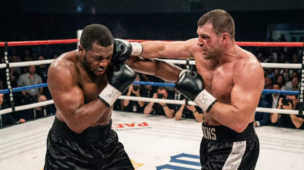 Boxeo peso pesado: dos púgiles grandes intercambiando golpes bajo los focos del ring