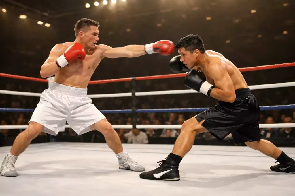 Boxeo peso ligero y wélter: boxeador rápido lanzando un jab técnico en el ring
