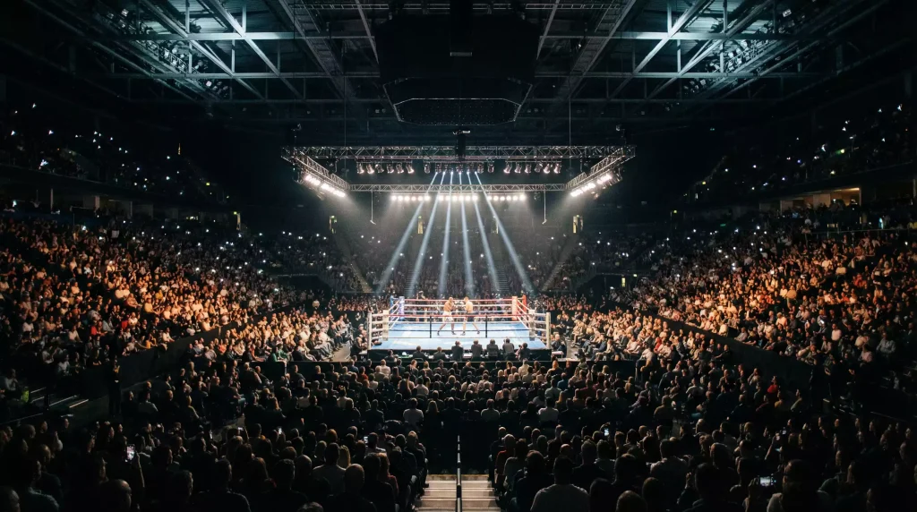 Apuestas combinadas en boxeo: vista cenital de un ring con varios combates en una velada