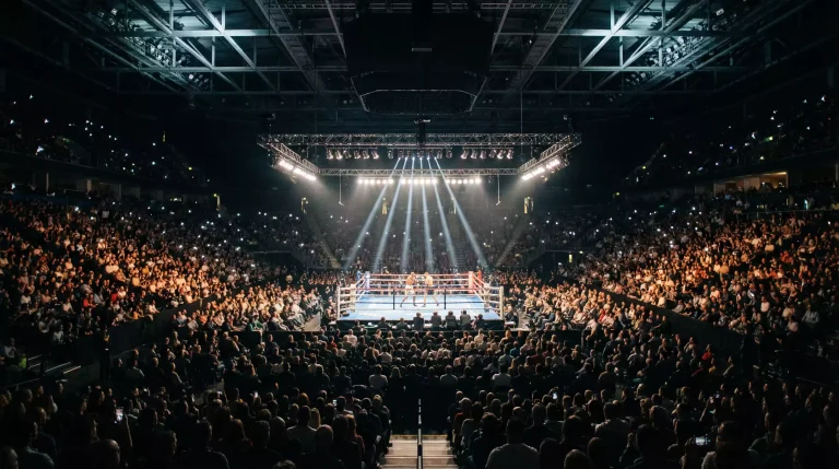 Apuestas combinadas en boxeo: vista cenital de un ring con varios combates en una velada
