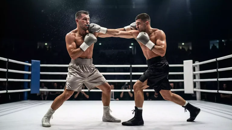 Método de victoria en boxeo: boxeador lanzando un golpe decisivo en el ring