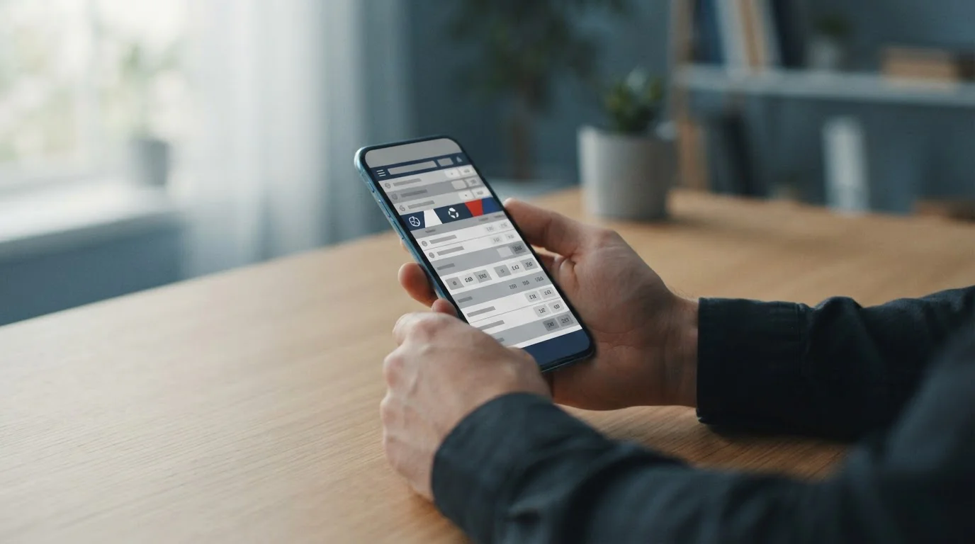 Usuario consultando apuestas deportivas en smartphone con interfaz neutral sobre mesa de trabajo