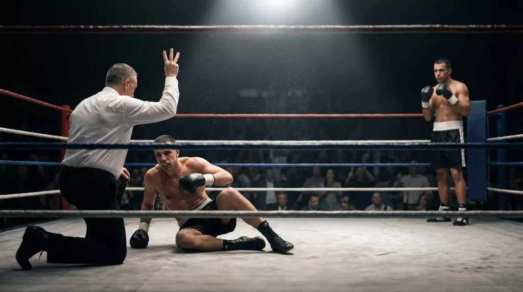Apuestas por asalto en boxeo: árbitro contando en el ring durante un combate