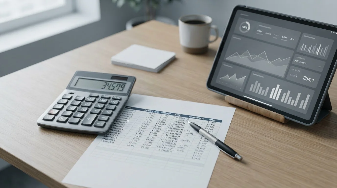 Calculadora y documento con cálculos de conversión y comisiones de transacciones en criptomonedas