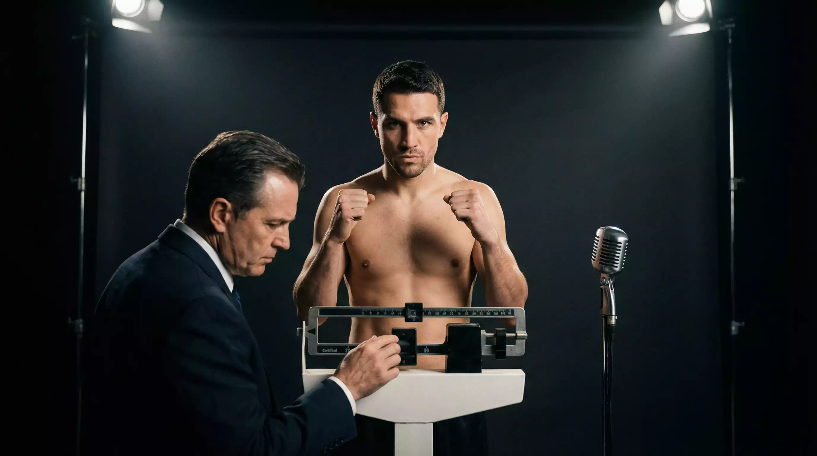 Boxeador profesional en el pesaje oficial antes de un combate por el título de su categoría
