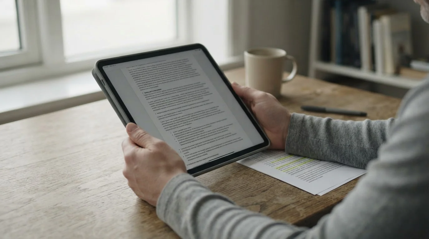 Persona leyendo términos y condiciones en pantalla con documento de requisitos de rollover