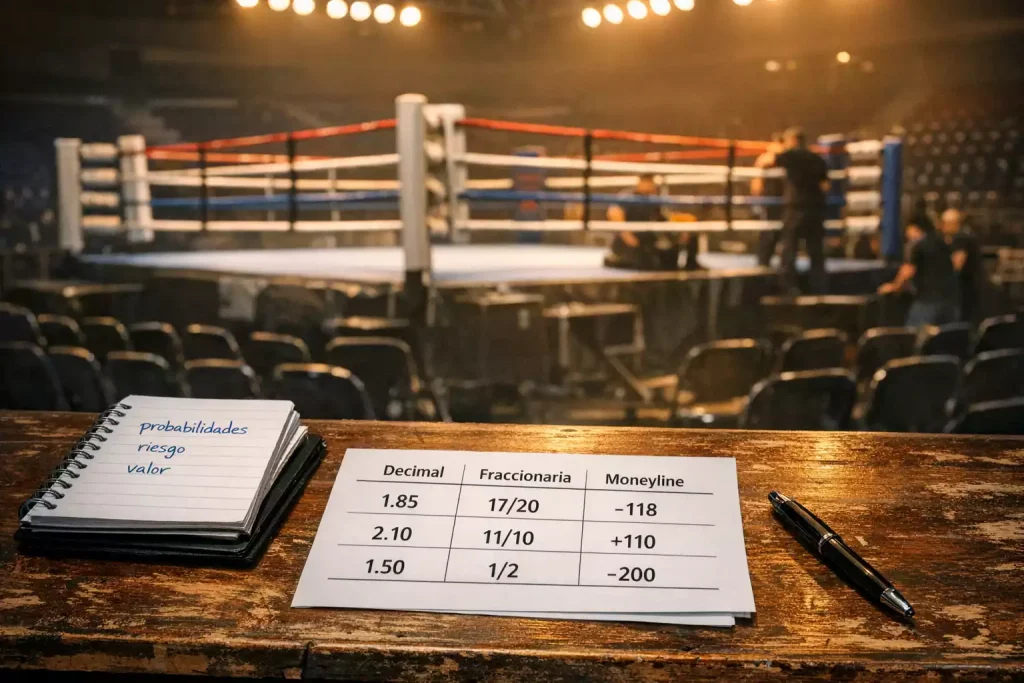 Cuotas de boxeo: pizarra de apuestas junto a un ring profesional iluminado
