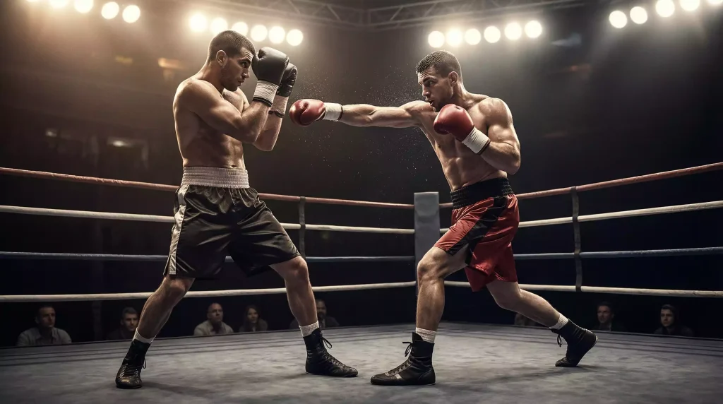 Estilos de boxeo: boxeador en guardia defensiva frente a un rival agresivo en el ring