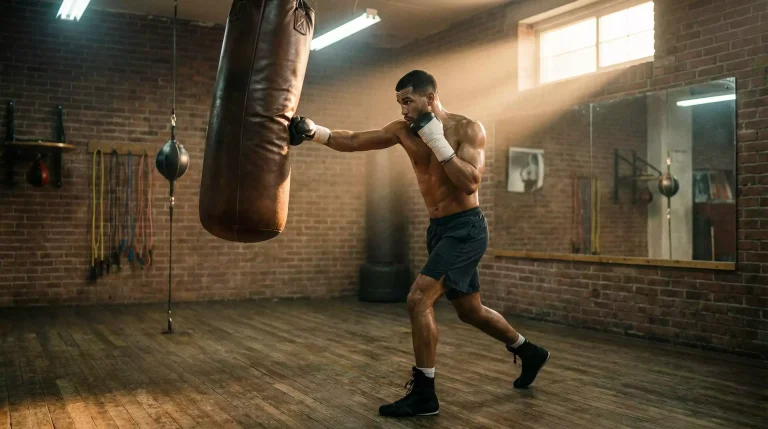 Forma física del boxeador: púgil entrenando con saco pesado en un gimnasio de boxeo