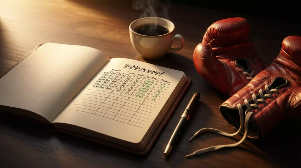 Gestión del bankroll en boxeo: libreta de notas y bolígrafo junto a guantes de boxeo