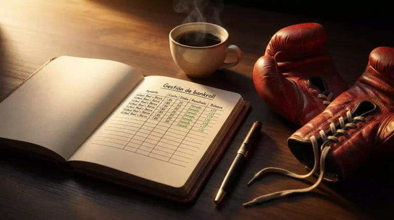 Gestión del bankroll en boxeo: libreta de notas y bolígrafo junto a guantes de boxeo
