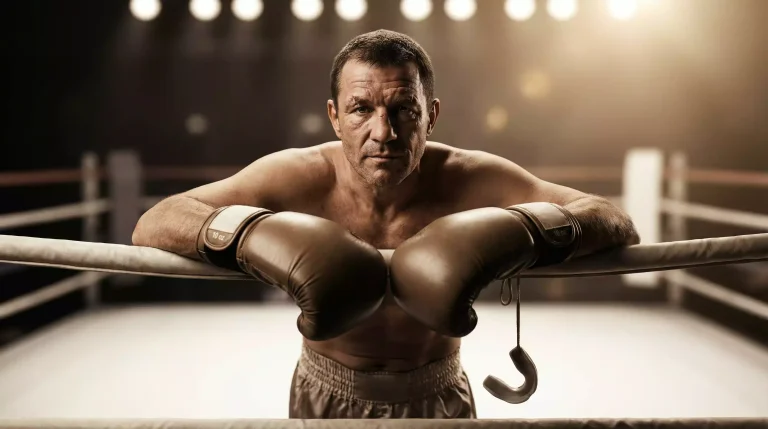 Historial del boxeador: púgil veterano con guantes apoyados en las cuerdas del ring