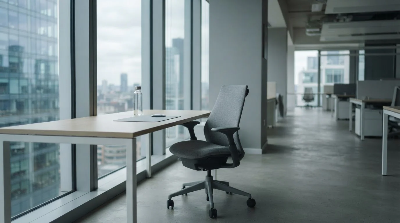Espacio vacío de oficina con silla giratoria y ventana, evocando cambios en el sector