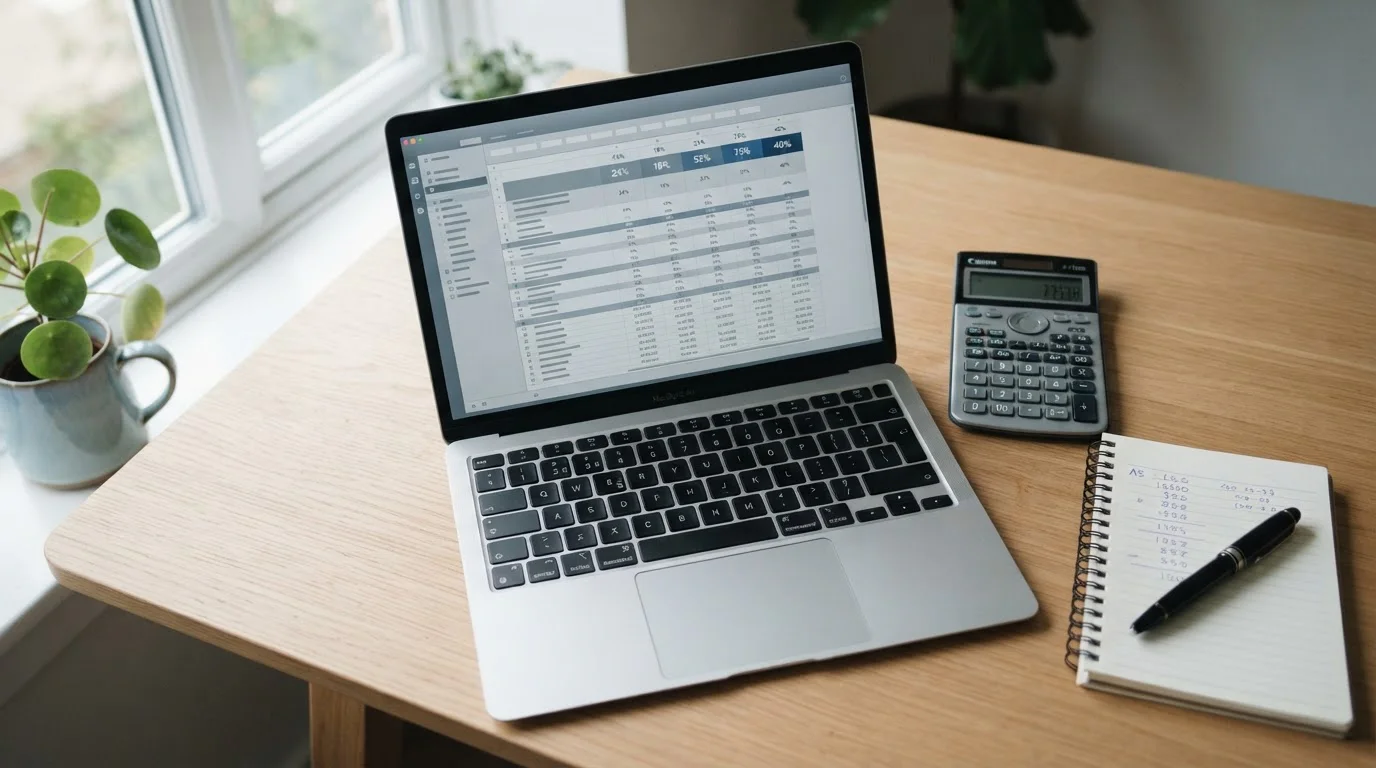 Análisis de datos de cuotas deportivas en una pantalla con calculadora y notas